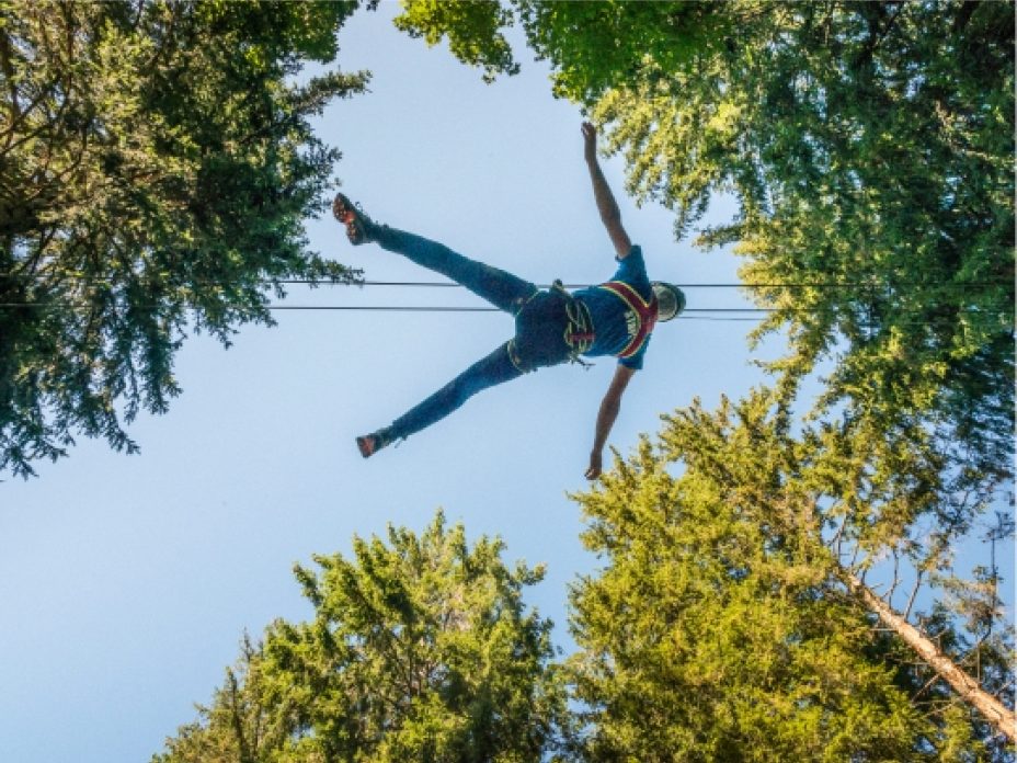 Persona supera il passaggio del percorso tra gli alberi su carrucola