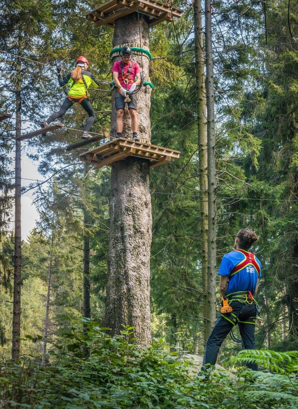 Amici sui percorsi al jungle raider park con istruttore